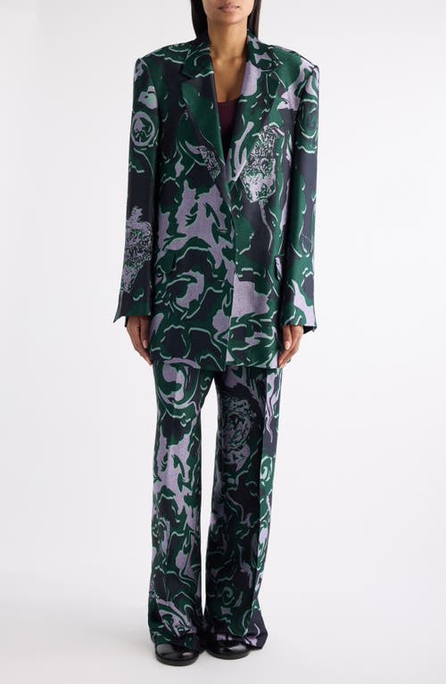 Dries Van Noten Bastis Abstract Floral Jacquard Pleated Crepe Straight Leg Pants In Green