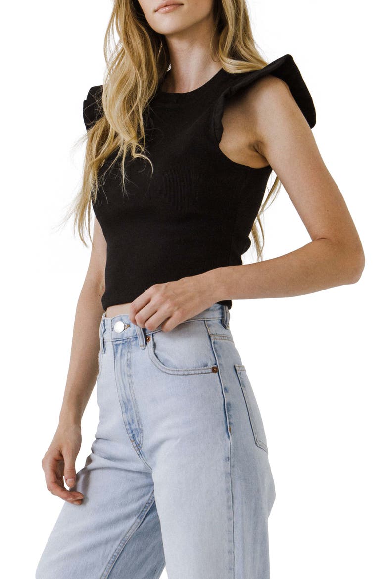 Ruffle Shoulder Cotton Blend Knit Top, Alternate, color, BLACK