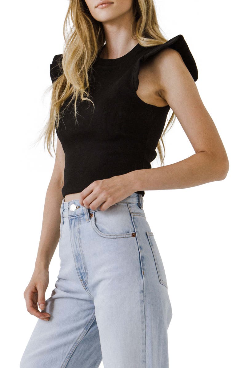 Free the Roses Ruffle Shoulder Cotton Blend Knit Top, Alternate, color, Black