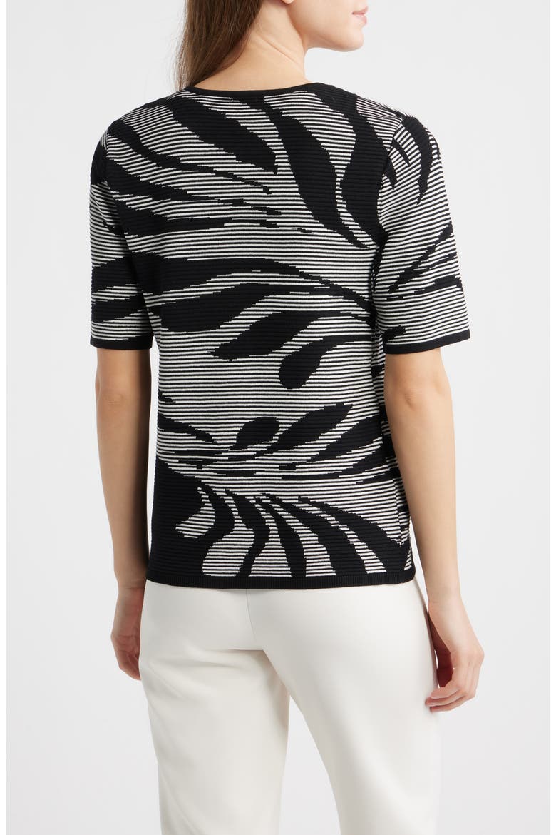 Ottoman Jacquard Short Sleeve Cardigan, Alternate, color, ANNE BLACK/ WHITE DOVE