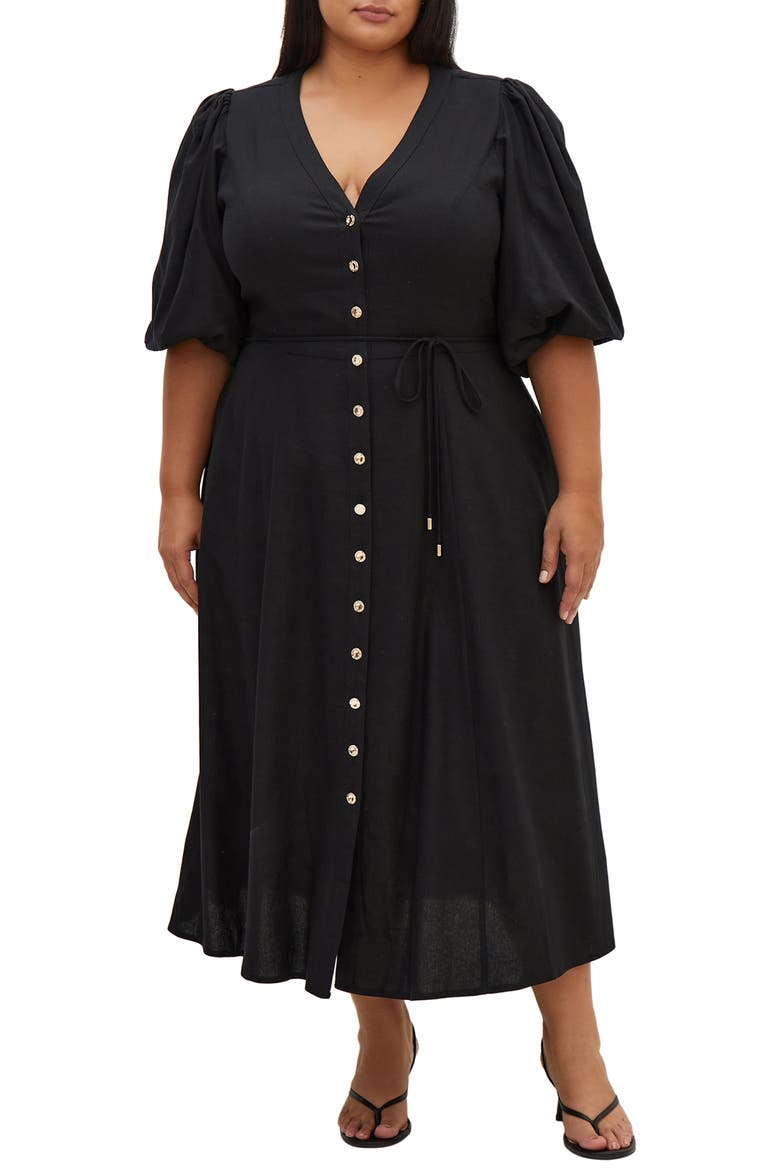 Dahlia Puff Sleeve Midi Dress, Main, color, BLACK