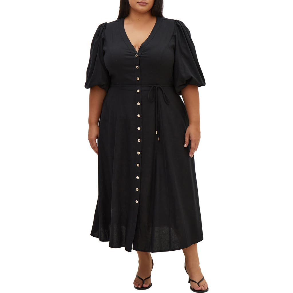 City Chic Dahlia Puff Sleeve Midi Dress in Black