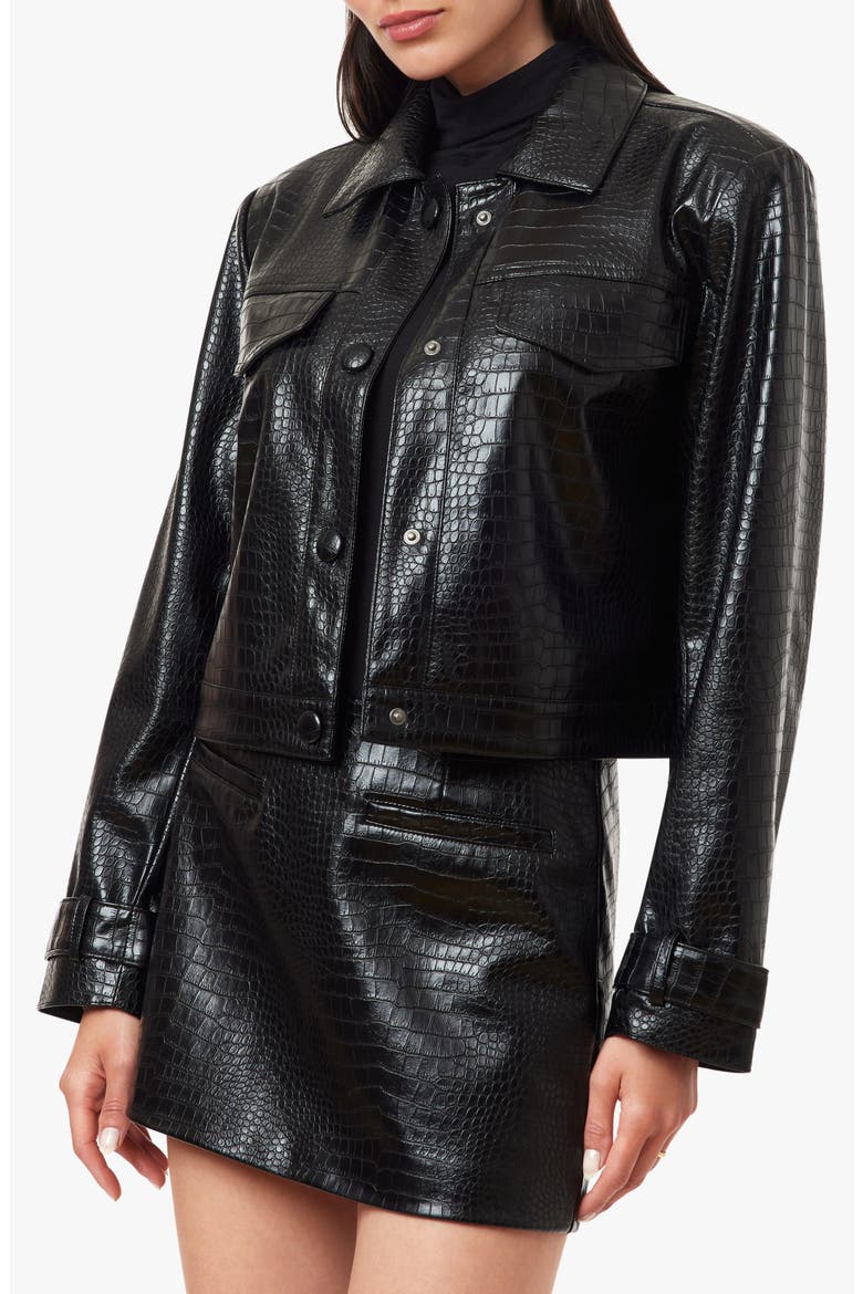 Croc Embossed Faux Leather Shrunken Jacket, Main, color, JET BLACK
