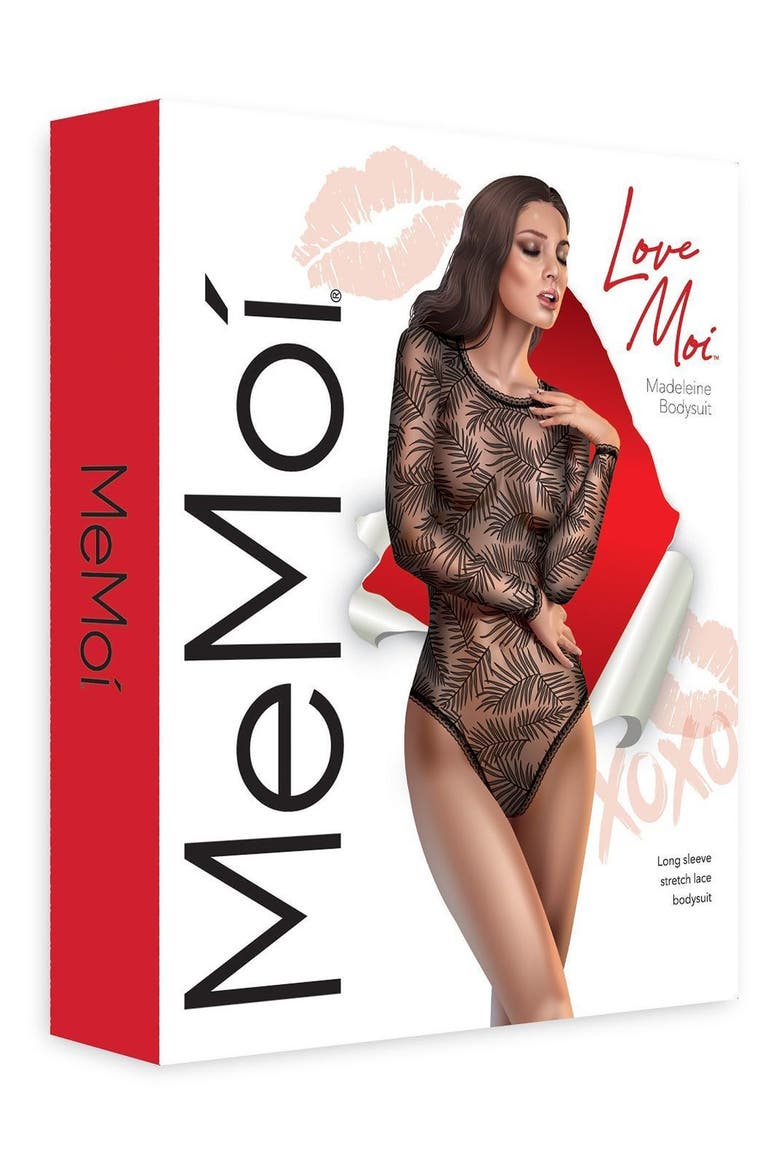 Madeleine Palm Frond Long Sleeve Mesh Bodysuit, Alternate, color, BLACK