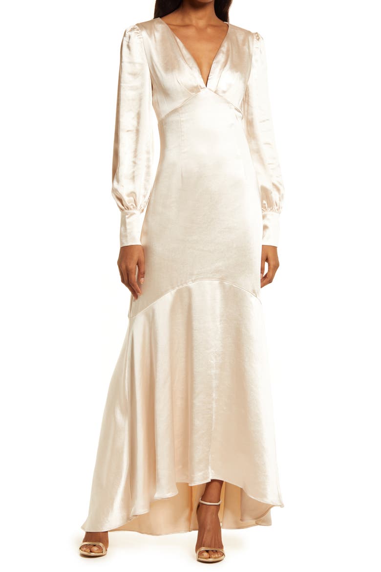 Aleah Long Sleeve Satin Gown, Main, color, PEARL