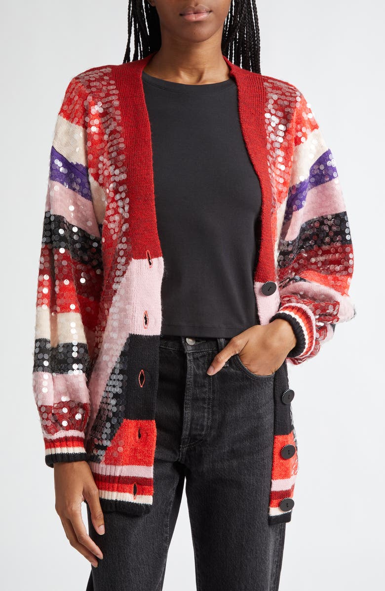 FARM Rio Colorful Stripes Sequin Belted Cardigan, Alternate, color,