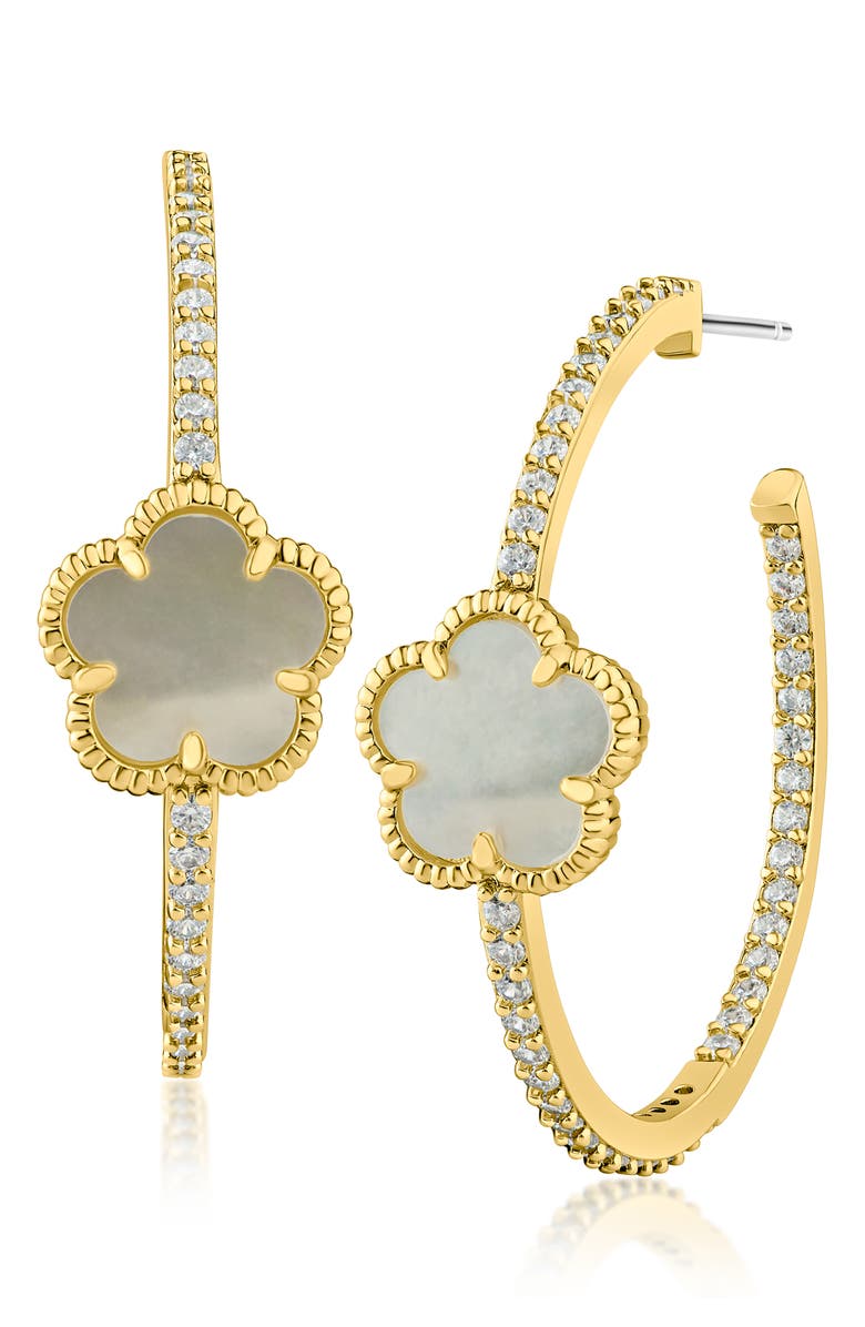 CZ by Kenneth Jay Lane Pavé Clover Hoop Earrings, Main, color, Pearl/ Clear/ Gold
