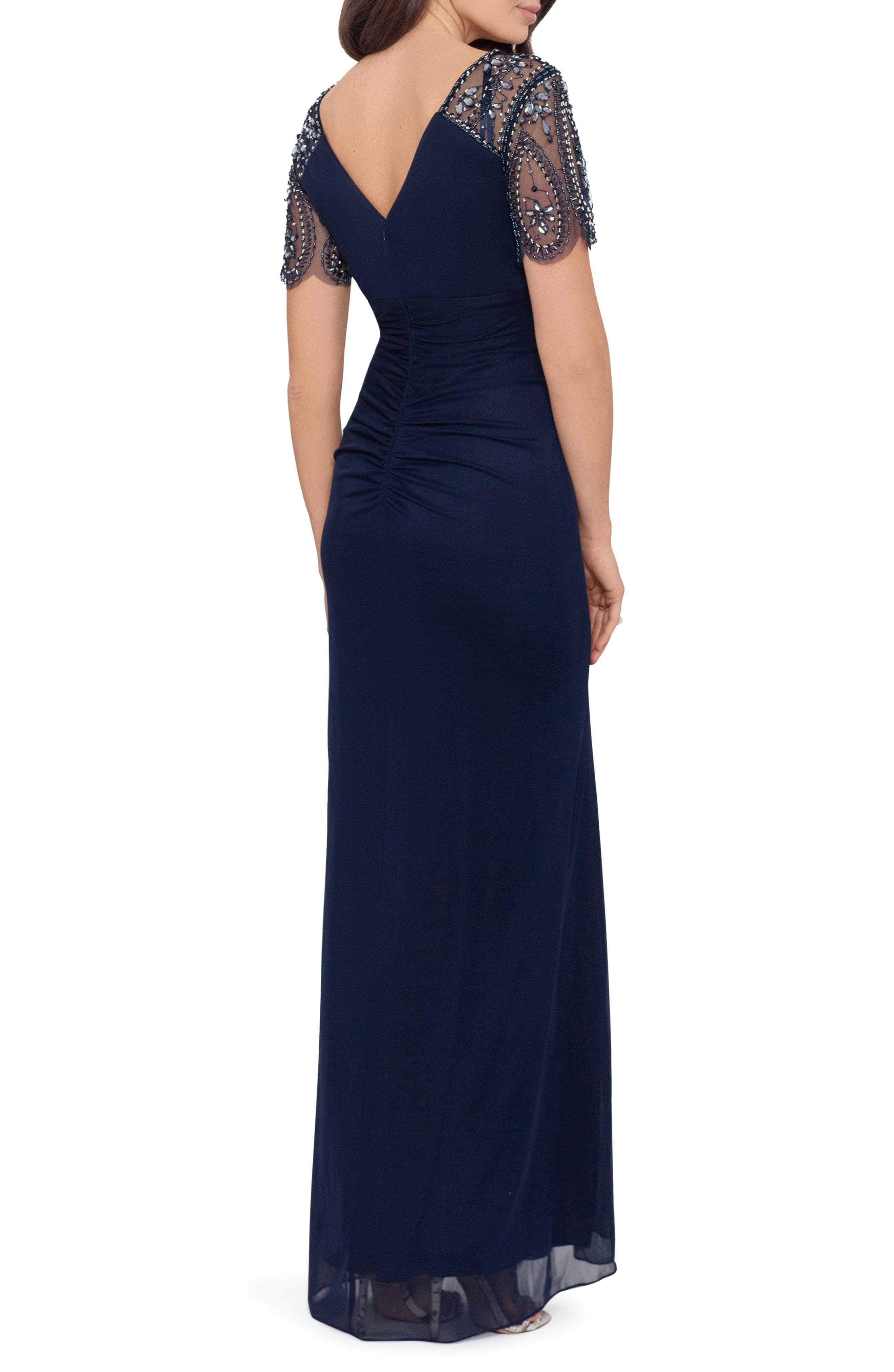 Xscape Beaded Sleeve Ruched Column Gown - image 2