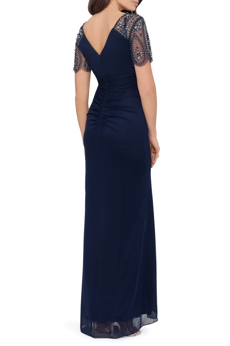 Xscape Beaded Sleeve Ruched Column Gown, Alternate, color, NAVY