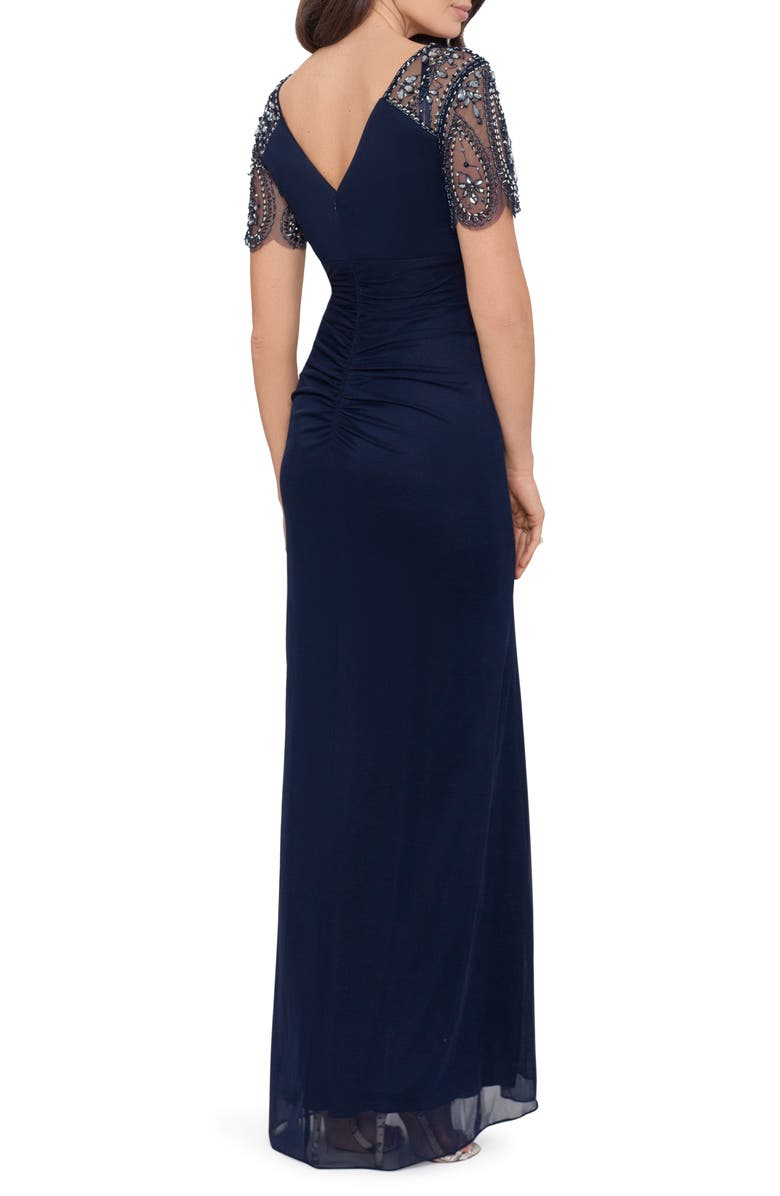 Xscape Evenings Xscape Beaded Sleeve Ruched Column Gown, Alternate, color, Navy