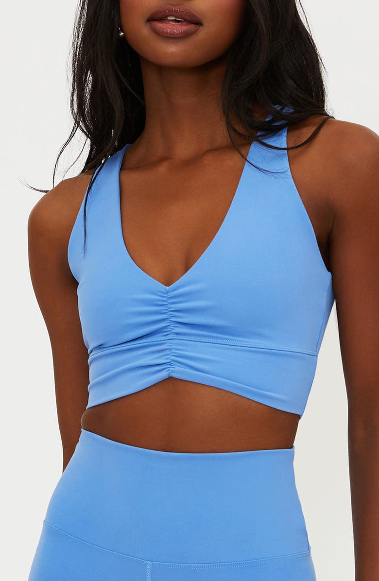 Beach Riot Mindy Ruched Sports Bra, Main, color, Marina