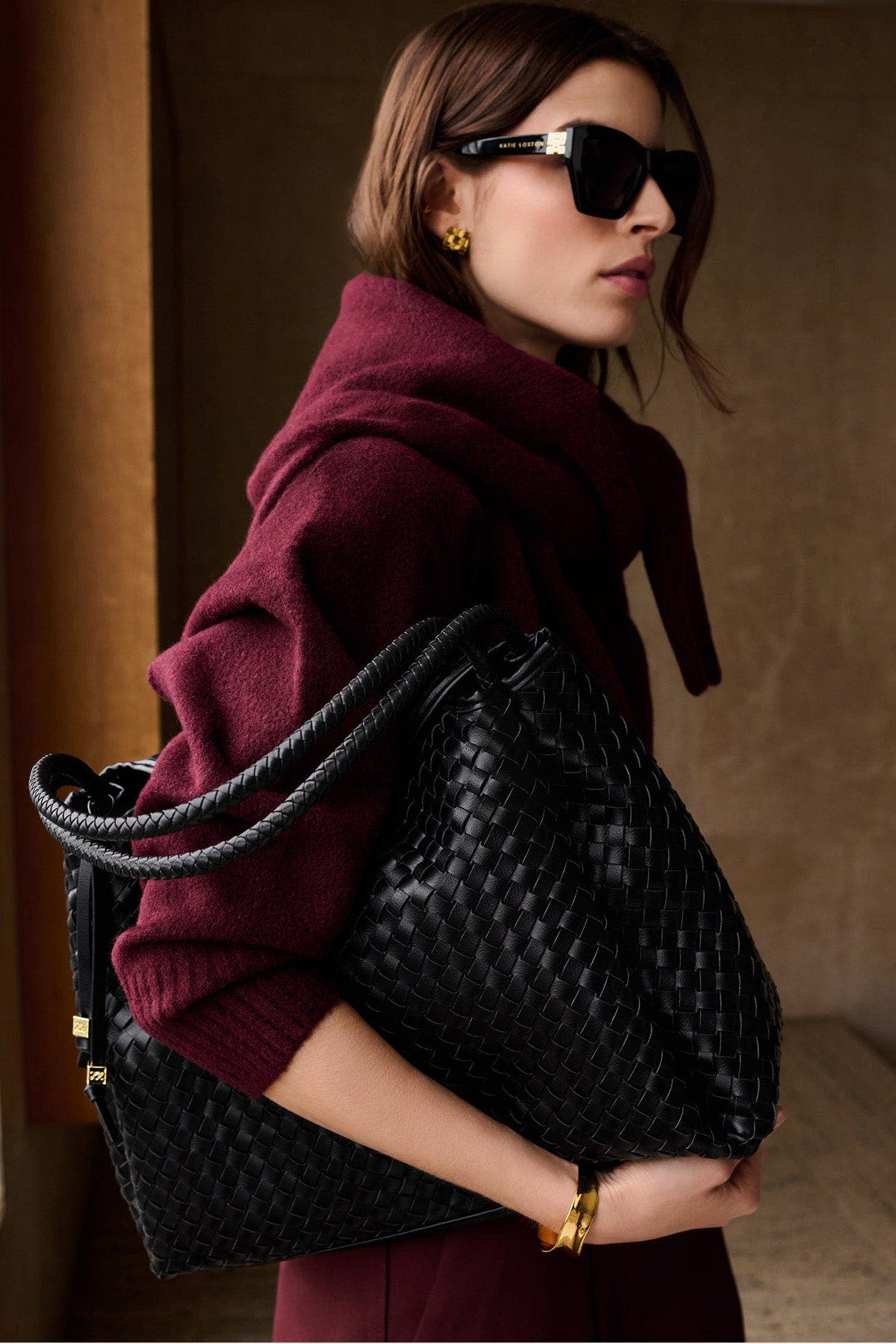 Katie Loxton Nova Hand Woven Large Shoulder Bag in Black, Alternate, color, Black