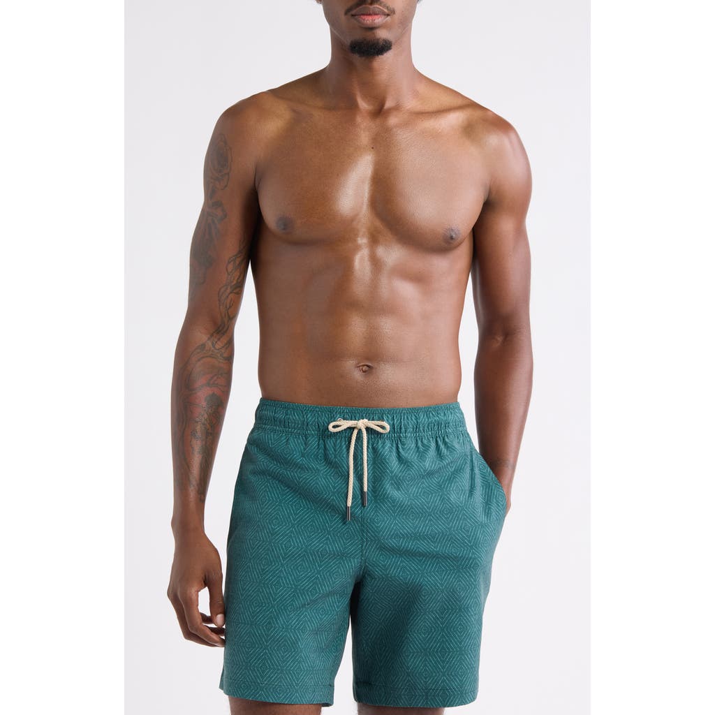 Fair Harbor The Bayberry Medallion Print Water Repellent Swim Trunks In Green Shibori