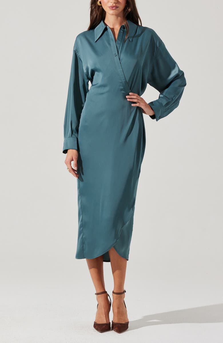 ASTR the Label Ira Long Sleeve Satin Shirtdress, Alternate, color, Dark Sage