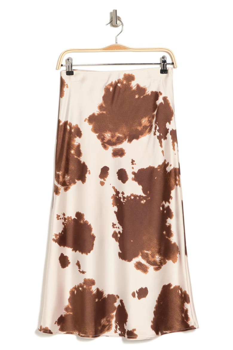 Satin Cow Print Midi Skirt, Alternate, color, BROWN