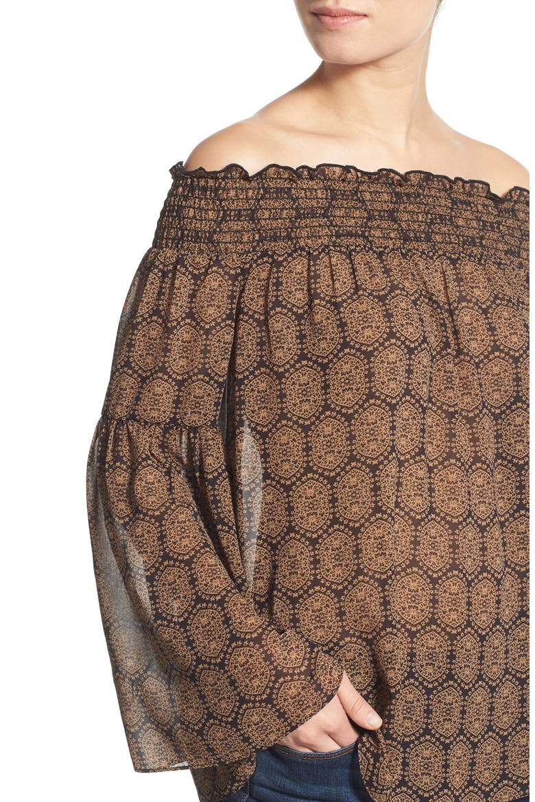Print Off the Shoulder Top, Alternate, color, BROWN/ BLACK