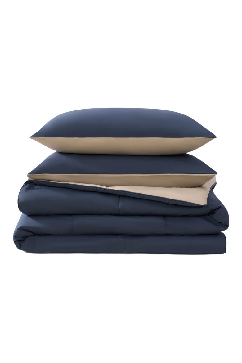 Reversible Box Stitch Comforter & Sham Set, Main, color, VINTAGE BLUE INDIGO/ TAN