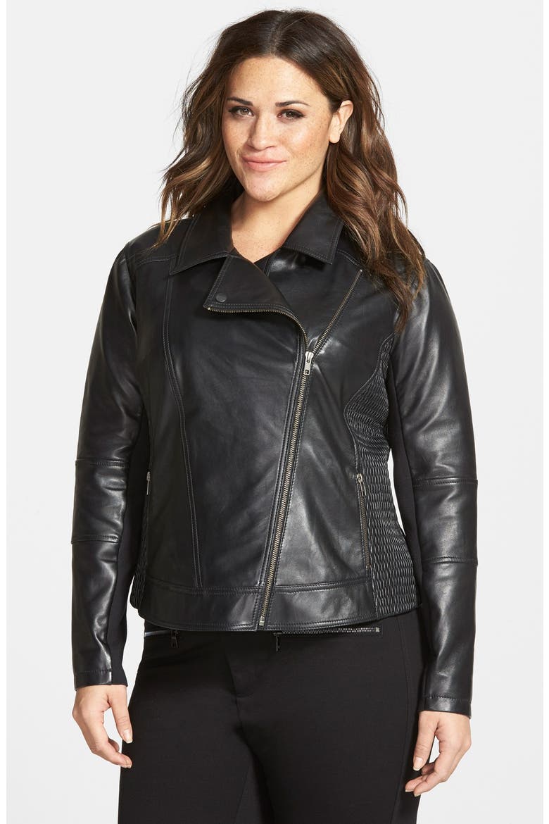 Smocked Side Leather Moto Jacket, Main, color, BLACK