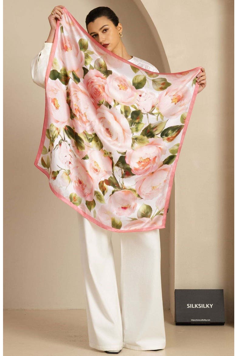 Pure Silk Pink Floral Print Square Scarf, Alternate, color, Multi