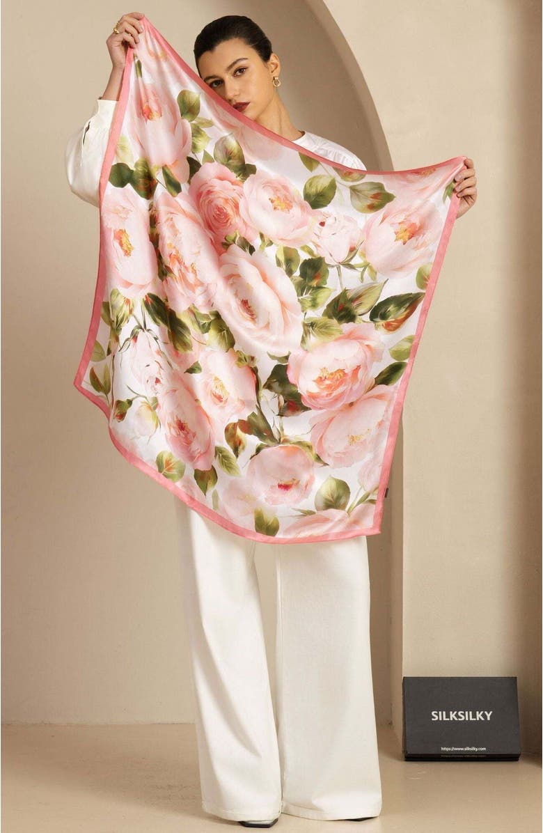 SILKSILKY Pure Silk Pink Floral Print Square Scarf, Alternate, color, Multi