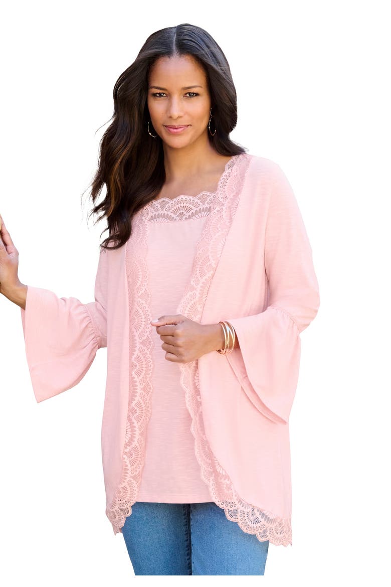 Lace-Detailed Cardigan And Tank Set, Alternate, color, SOFT BLUSH