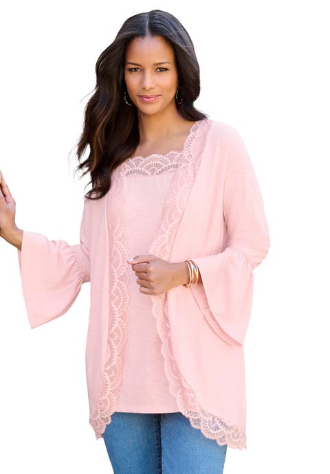 Lace-Detailed Cardigan and Tank Set (Plus)