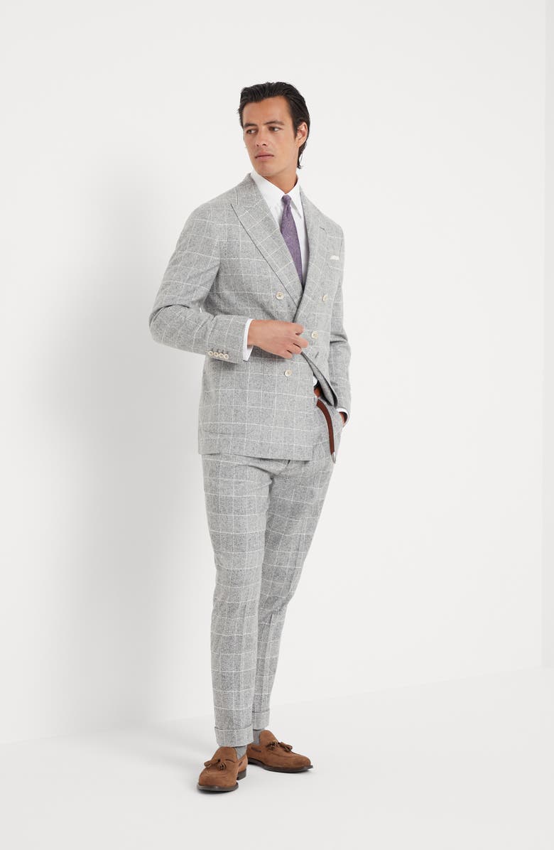 Brunello Cucinelli Flecked silk, wool and cashmere Prince of Wales leisure fit trousers with pleat, Alternate, color, 