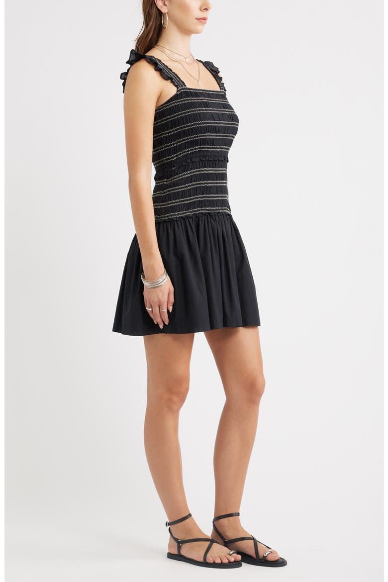 Ruffle Smocked Drop Waist Cotton Blend Minidress, Alternate, color, BLACK