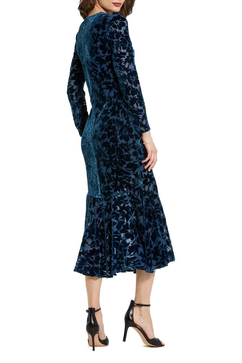 Burnout Velvet Long Sleeve Ruffle Hem Midi Dress, Alternate, color, Deep Blue