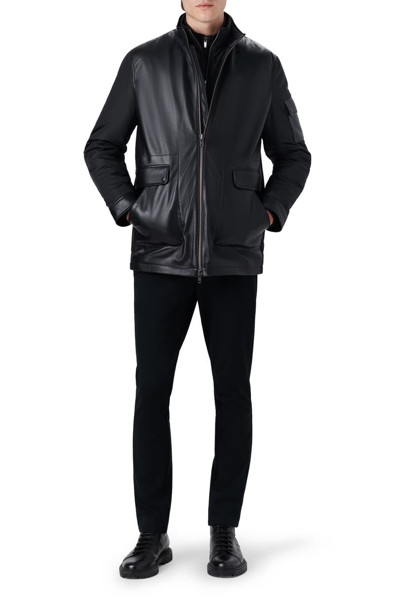 Bugatchi Full Zip Leather Bomber Jacket with Removable Bib, Alternate, color, Caviar