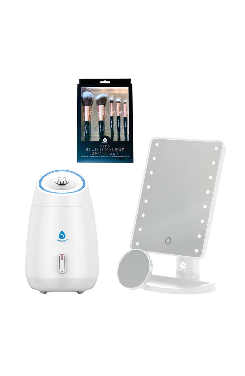 PURSONIC Glow & Go Beauty Bundle with LED Vanity Mirror, Facial Steamer & 5-Piece Brush Set, Main, color, Multicolor