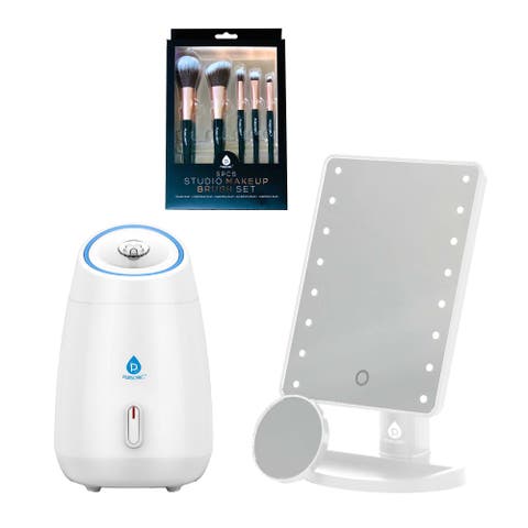 Glow & Go Beauty Bundle with LED Vanity Mirror, Facial Steamer & 5-Piece Brush Set