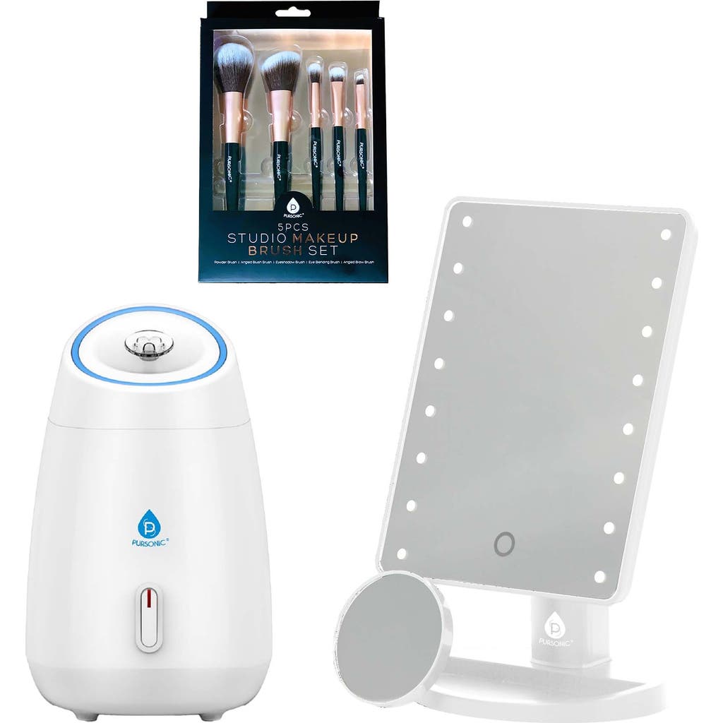 Pursonic Glow & Go Beauty Bundle With Led Vanity Mirror, Facial Steamer & 5-piece Brush Set