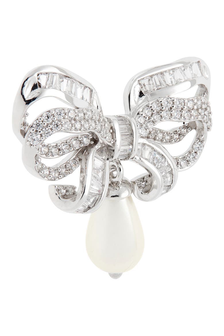 Imitation Pearl Drop Pavé Bow Earrings, Alternate, color, GOLD/ CLEAR
