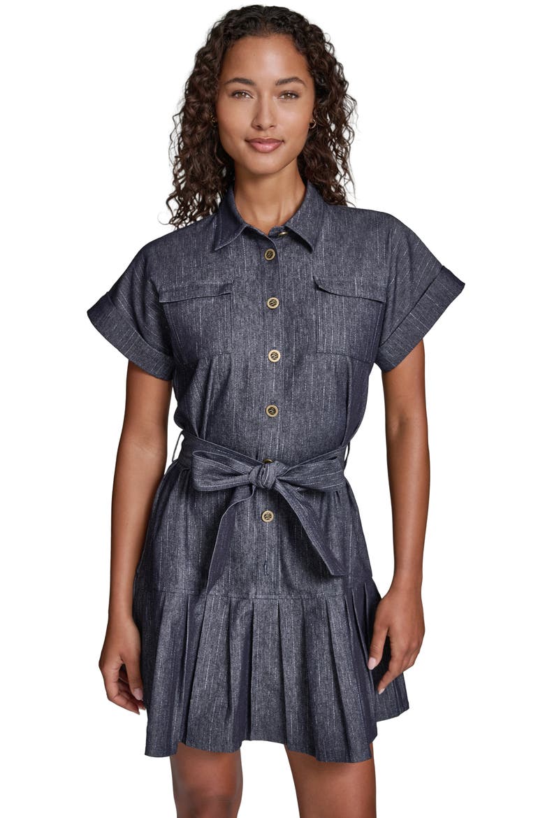 Pinstripe Tie Waist Denim Minidress, Alternate, color, DARK WASH