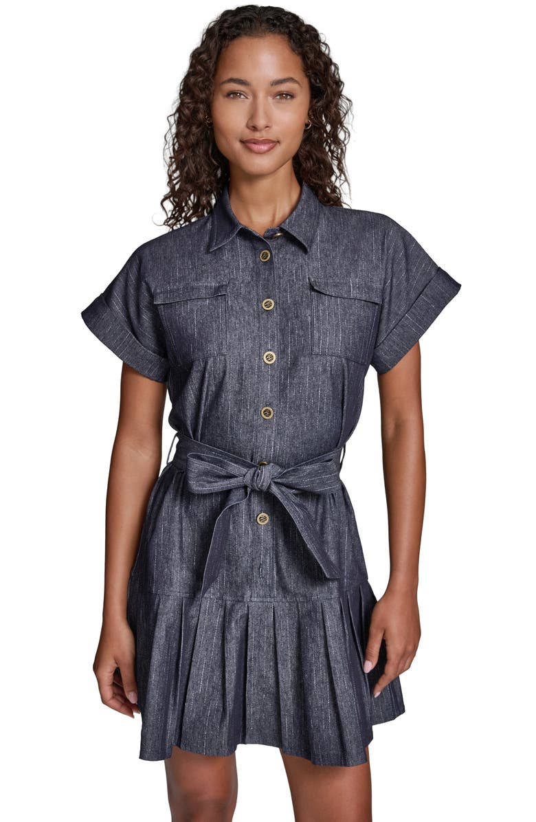 KARL LAGERFELD PARIS Pinstripe Tie Waist Denim Minidress, Alternate, color,