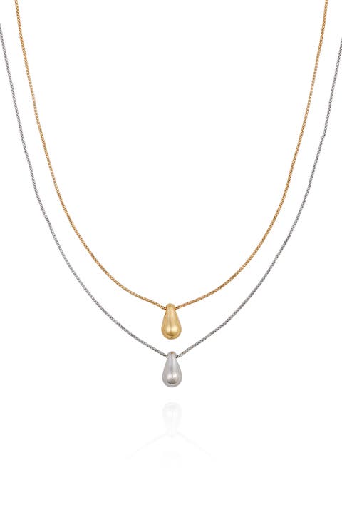 Two-Tone Teardrop Pendant Layered Necklace