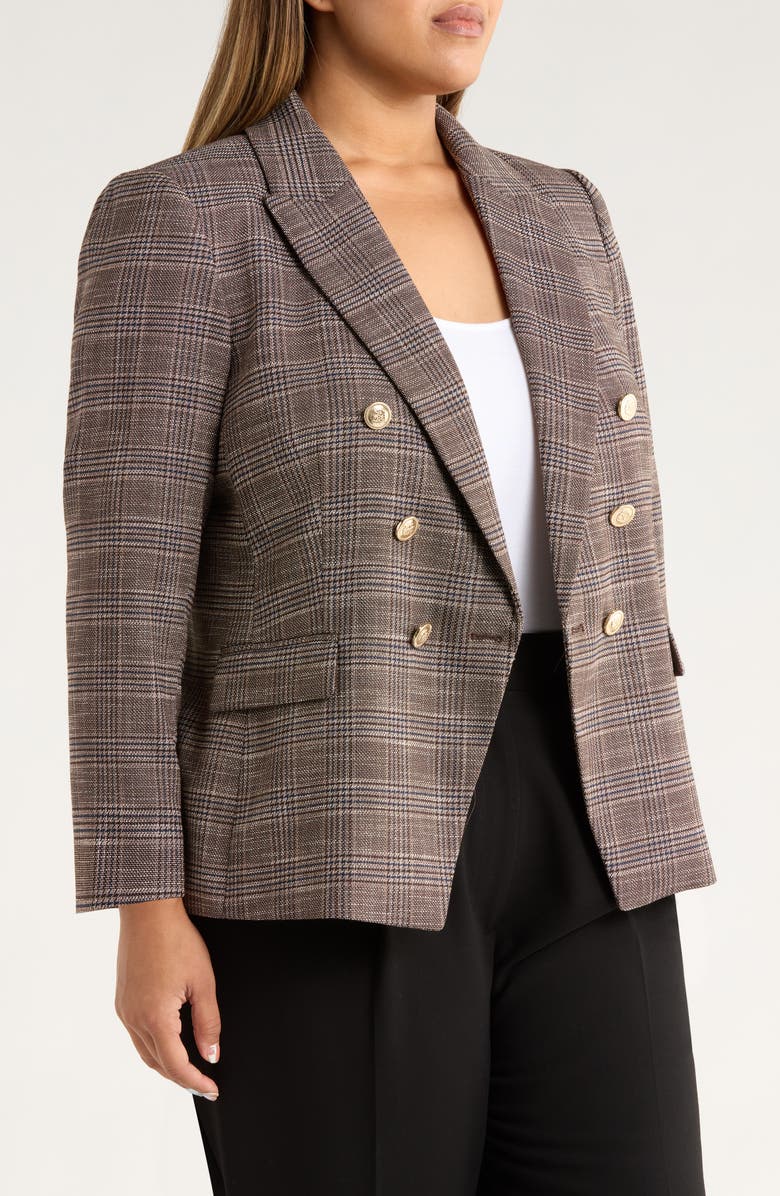 Tahari ASL Plaid Double Breasted Blazer, Alternate, color, Espresso I