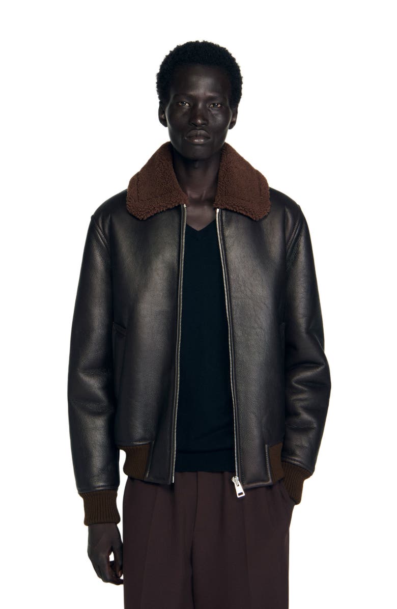SANDRO Reversed leather jacket, Main, color, Chocolate