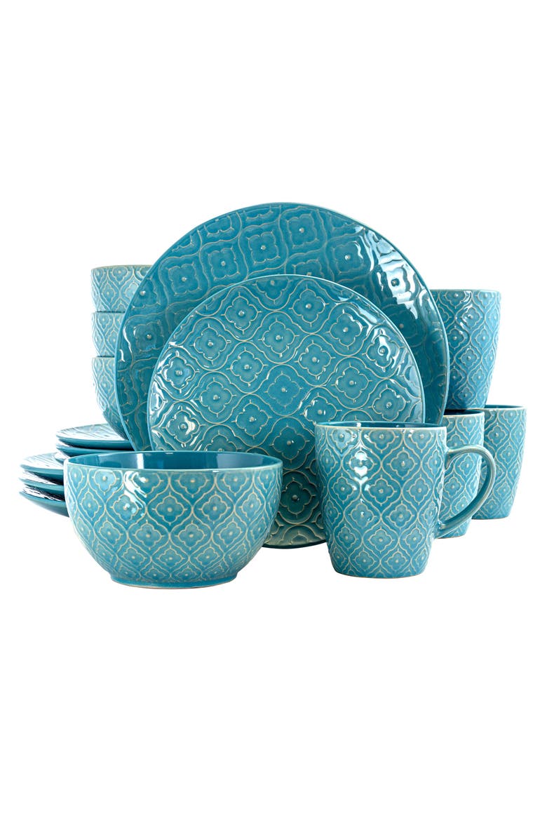 Elama Aqua Lily 16 Piece Luxurious Stoneware Dinnerware with Complete Setting for 4, Main, color, Blue