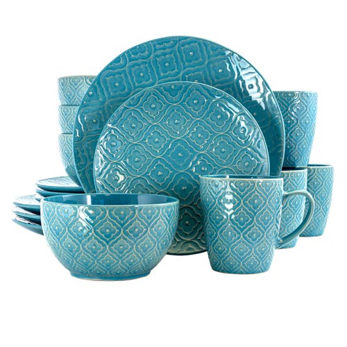 Elama Aqua Lily 16 Piece Luxurious Stoneware Dinnerware With Complete Setting For 4 In Blue