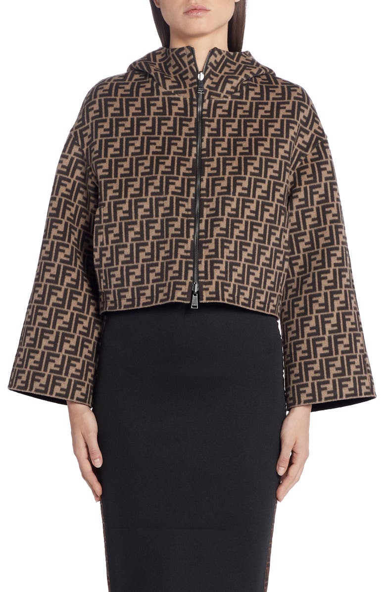 Fendi Leather Pocket Reversible FF Wool & Silk Hooded Jacket, Main, color,