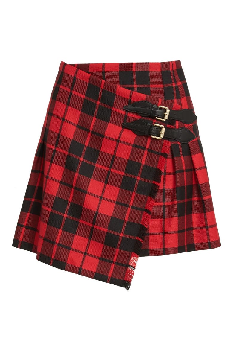 Leather Trim Plaid Wool Skirt, Alternate, color, BRIGHT RED
