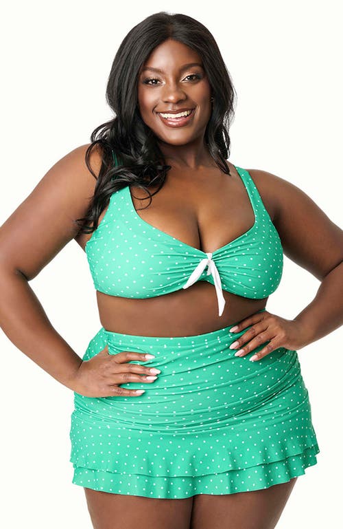 Unique Vintage Plus Size Molded Cup & Bow Swim Top In Green/white Dot