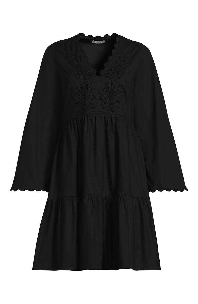 Lands
 End Poplin V Neck Embroidered Dress, Alternate, color, Black