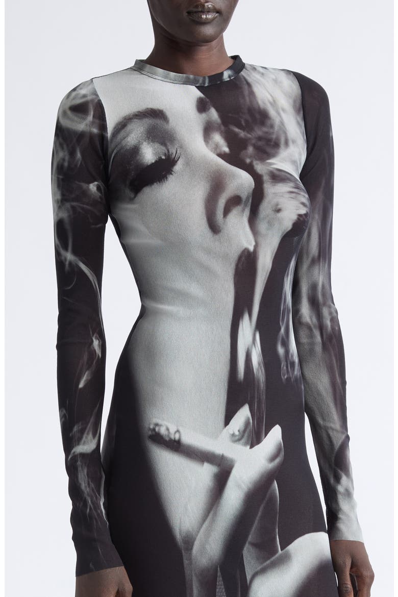 Smoking Graphic Long Sleeve Mesh Body-Con Dress, Alternate, color, BLACK/ GREY/ WHITE