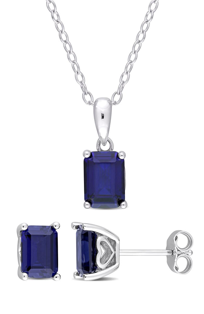DELMAR Emerald-Cut Lab-Grown Sapphire Stud Earrings & Pendant Necklace Set, Main, color, Blue