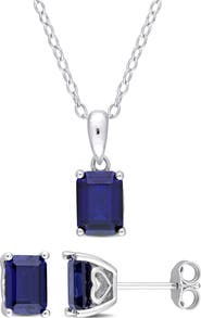 DELMAR Emerald-Cut Lab-Grown Sapphire Stud Earrings & Pendant Necklace Set