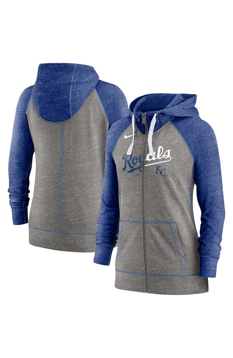 Nike Women's Nike Heather Charcoal/Heather Royal Kansas City Royals Split Wordmark Gym Vintage Raglan Lightweight Full-Zip Hoodie, Main, color, Heather Charcoal