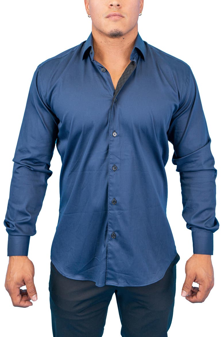 Fibonacci Dark Denim Blue Contemporary Fit Button-Up Shirt, Main, color, BLUE